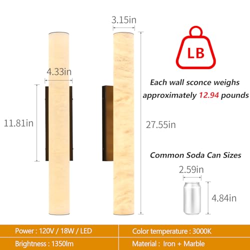 Natural Alabaster Wall Sconces Spanish Marble Wall Light Cylinder Modern Black LED Sconce for Living Room Bedroom Bathroom Stairs（M
