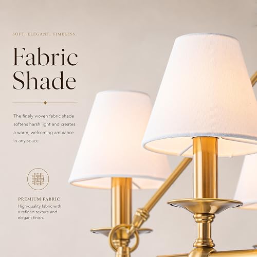 9 Lights W47 inch Vintage Brass and White Pleated Fabric Chandeliers for Dining Room Mid Century Modern Large Round Chandeliers Classic Wagon Wheel Pendant Light for Living Room
