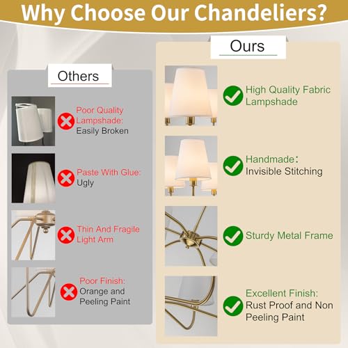 Brass Gold Chandeliers for Dining Room 6 Light Chandelier with Fabric Shade