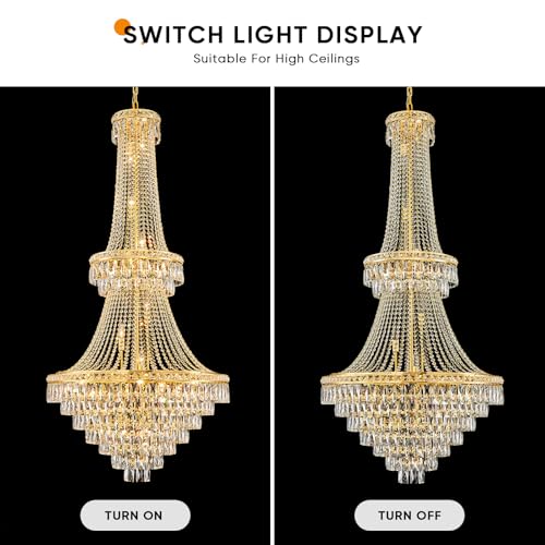 Large Gold Luxury Crystal Chandeliers 26 Lights Modern Chandelier for High Ceilings Crystal Pendant Light Fixture Foyer Staircase Hallway Entryway Banquet Hall Lobby 63" H x 30.7" D