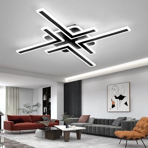 Modern Sputnik Flush Mount Ceiling Light Fixture 34.25Inches LED Dimmable Ceiling Light with Remote Control 3 Color 64W Black Chandelier for Kitchen Dining Room Living Room Bedroom