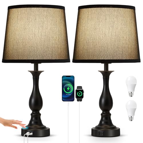 Bedside Table Lamp Touch Control Bedroom Lamps with USB A + C Charging Port 3 Way Dimmable Touch Lamps for Nightstand Living Room Bedroom Dorm Home Office Reading (2 Count)