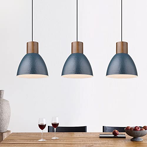 3 Pack Hammered Pendant Lights 7” Small Metal Solid Wood Hanging Light Fixtures Adjustable Height Industrial Pendant Lighting for Kitchen Island Dining Room Bedroom Bar Office (3 Count)