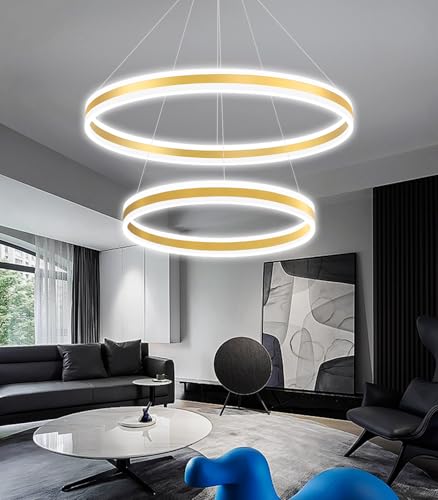 D23.6''+31.5'' Modern Ring Chandelier for Dining Room LED Dimmable Pendant Lighting High Ceiling Chandelier for Living Room Foyer Bedroom Entryway 3000K