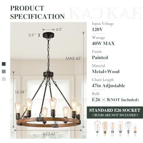 Farmhouse Wagon Wheel Chandelier 23.6" Oak Wood Chandelier Light Fixture 8