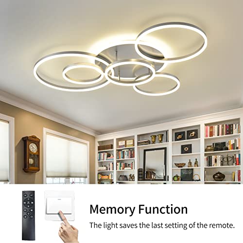 Modern LED Ceiling Light Silver Dimmable 5 Rings Flush Mount Ceiling Light Fixtures with Remote Control 106W 10000LM Ceiling Lighting for Living Room Bedroom Kitchen Dining Room 3000