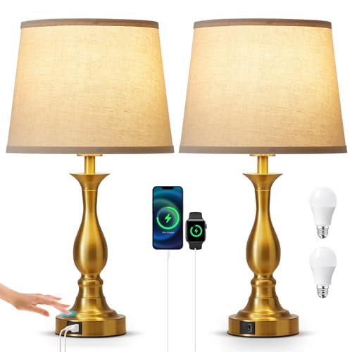 Bedside Table Lamp Touch Control Bedroom Lamps with USB A and C Charging Port 3 Way Dimmable Touch Lamps for Nightstand Living Room Bedroom Dorm Home Office Reading (2 Count)
