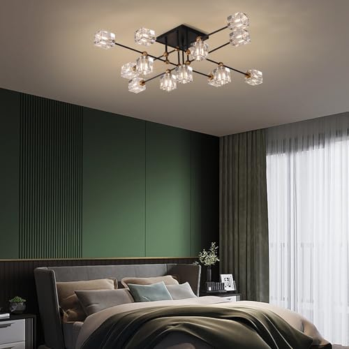 13 Light Crystal Ceiling Light Fixture Semi Flush Mount Ceiling Light Fixture Modern Black and Gold Sputnik Chandeliers for Dining Room Living Room Kitchen Island Hallway Bedroom