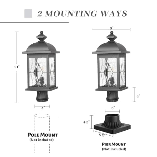 Dusk to Dawn Outdoor Post Lights Black Finish Lamp Posts Outdoor Lighting with Water Ripple Hand‑soldered Glass 21 Inch Height Large Pole Lights Outdoor for Walkway Porches or Garden
