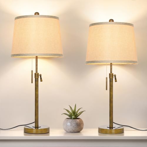 Antique Bronze Table Lamps Set of 2 Adjustable Height 22" to 30"Tall 3 Brightness Way Bedside Nightstand with Pull Chain Switch Pole Lights for Living Room Guest Bedroom End Table (2 Count)