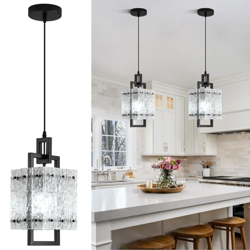 Black Pendant Light Fixtures Modern Pendant Lights Kitchen Island Water Ripple Glass Square Pendant Light Adjustable Hanging Pendant Lighting for Kitchen Dining Room Over Island 1 Pack