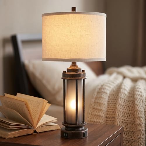 25" Farmhouse Lamps for Living Room with 2 USB C+A Ports