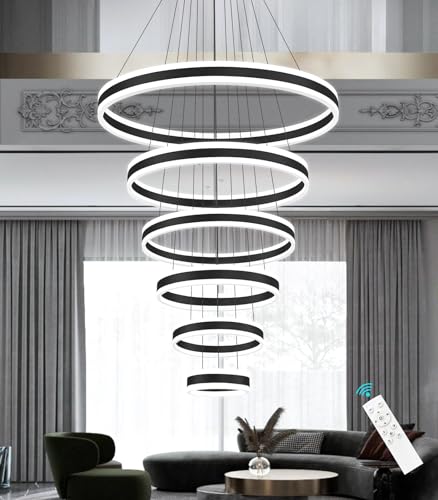 6 Rings Modern LED Chandeliers Large High Ceiling Chandelier for Foyer Black Dimmable Long Handing Lighting Fixture for Living Room Entryway Villa Staircase 3000K