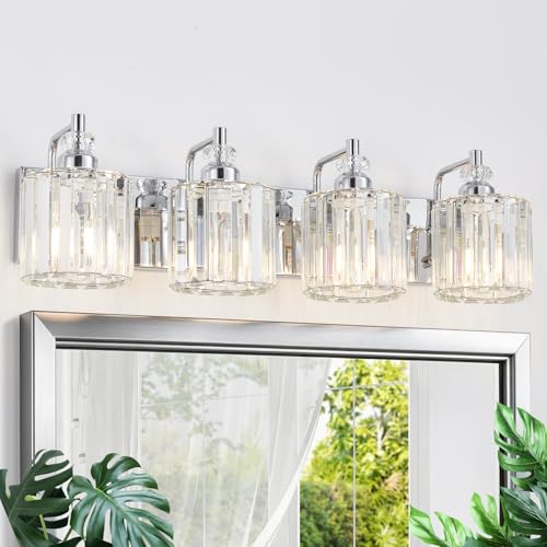 4 Light Modern Bathroom Light Fixture Chrome Bathroom Vanity Lights Over Mirror Wall Sconce Lighting with K9 Crystal Shades E26 Base for Bedroom
