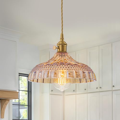 EDSILIVE Vintage Flower Glass Pendant Lights Kitchen Island 9.84" Antique Flower Amber Glass Hanging Ceiling Light Fixture with Adjustable Wire E26 Base for Dining Room Kitchen Table