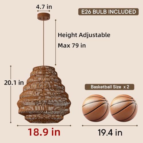 H-20.1" Hand-Woven Rattan Chandelier, Boho Layered Teardrop Pendant Light with Open-Weave Basket Shade, Natural Brown Wicker Pendant Lamp for Kitchen Island, Dining Room, Living Room, Bedroom
