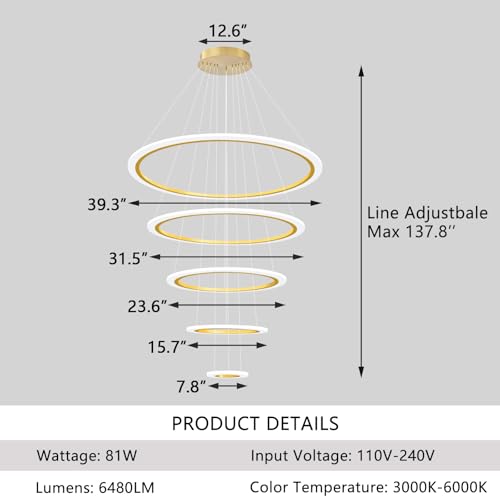 Modern LED Dimmable Chandelier 5 Ring High Ceiling Large Chandelier for Living Room Hanging Light Fixture for Foyer Staircase Gold