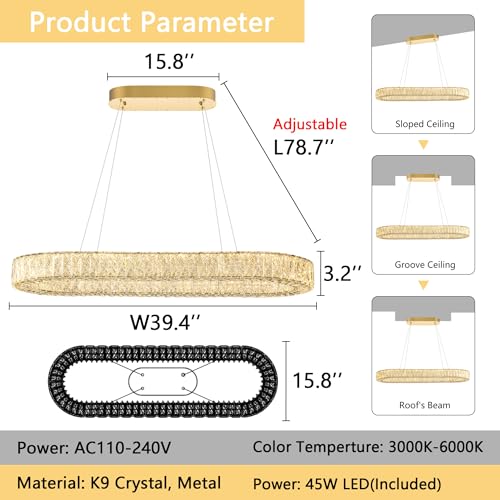 L40 xW16 Modern Oval Crystal Chandelier Glam Dimmable Crystal Ceiling Chandeliers for Dining Room Kitchen Island Glod
