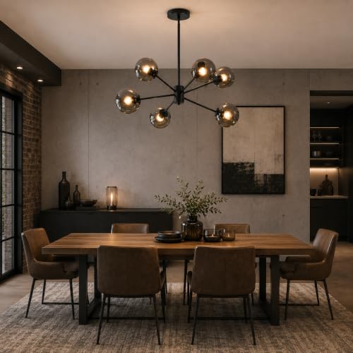 6 Lights Modern Glass Globe Sputnik Chandelier Mid Century Matte Black Sputnik Pendant Light Fixture Adjustable Vintage Large Smoke Gray Ball Chandelier Pendant Light for Kitchen Living Room