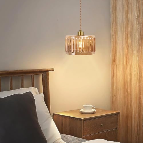 Plug in Pendant Light Hanging Lights with in Cord Mid Century Modern Gold Hanging Lamp Flower Glass Amber Vintage Dimmable Chandelier Ceiling Fixture for Living Room