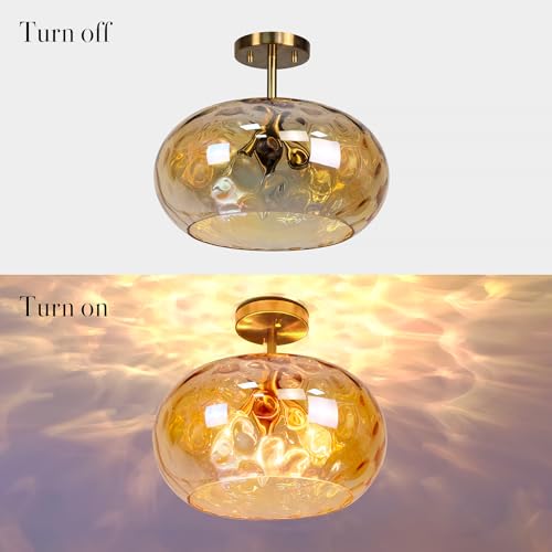 Brass Gold Semi Flush Mount Ceiling Fixture Large Hammered Glass Shade Modern Close to Ceiling Light 14" Art Lampshade for Hallway Foyer Bedroom