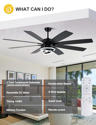 72 Inch Black Modern Ceiling Fans with Lights