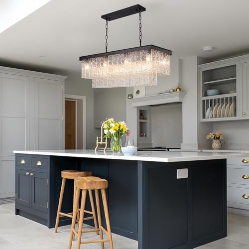 35.4" Black Rectangular Handmade Glass Chandelier Dining Room Kitchen