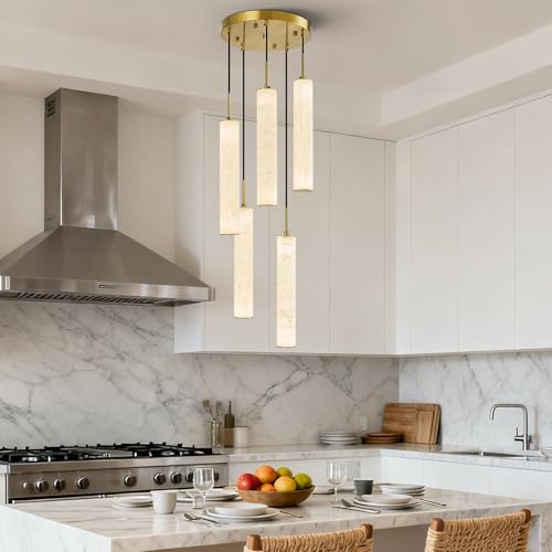 Natural Alabaster Pendant Lights for Kitchen Island White Marble Long Tube Chandelier 4000K Modern Gold Ceiling Light Fixtures for Bedroom Dining Room Table Living Room Hallway