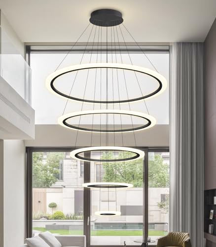 Modern LED Dimmable Chandelier 5 Ring High Ceiling Large Chandelier for Living Room Hanging Light Fixture for Foyer Staircase Black