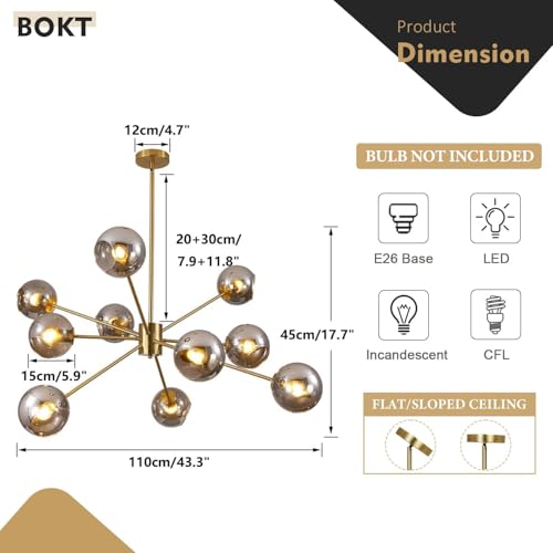 10 Lights Mid Century Modern Large Smoke Grey Sputnik Chandelier Brushed Gold Globe Sputnik Light Fixture Nordic Hanging Ball Chandelier Vintage Minimalist Brass Pendant Lights Kitchen Island