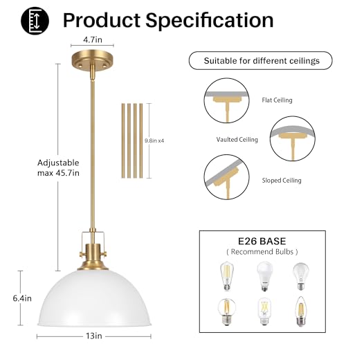 13 Inch White and Gold Metal Pendant Light Kitchen Island