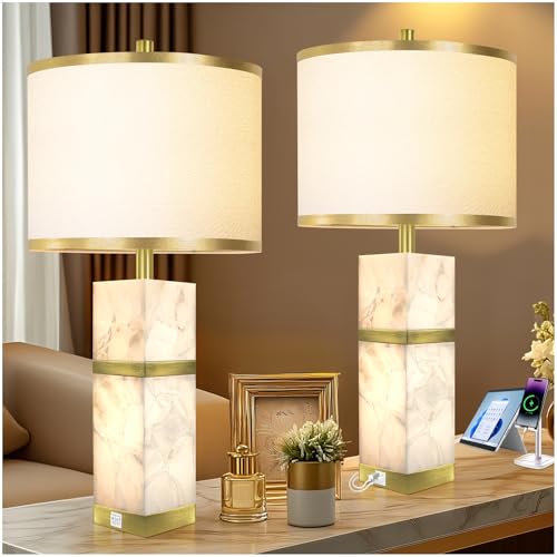 27" Alabaster Table Lamps Set of 2 with Night Light for Bedroom (2 Count)