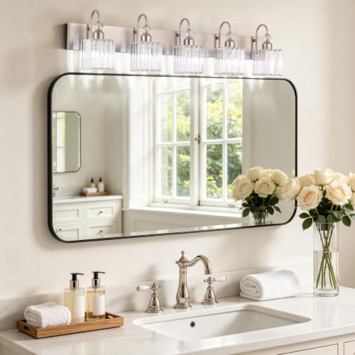 Brushed Nickel Bathroom Vanity Light Crystal Modern 5 Light Bathroom Wall Lighting Fixtures Over Mirror
