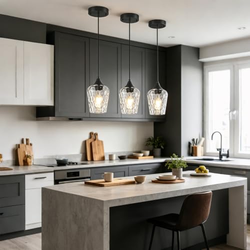 Black Pendant Lights Kitchen Island Hammered Glass Hanging Lights (3 Count)