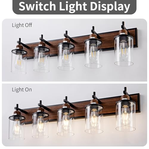 5 Light Farmhouse Bathroom Light Fixtures Vintage Bathroom Vanity Lights Over Mirror Black and Wood Painted Metal Vanity Light for Bathroom with Glass Shades E26 Socket