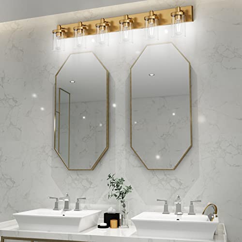 Gold Bathroom Vanity Light Farmhouse Vanity Lighting Fixtures 6 Light 48in Bathroom Light Fixtures with Clear Glass Shade