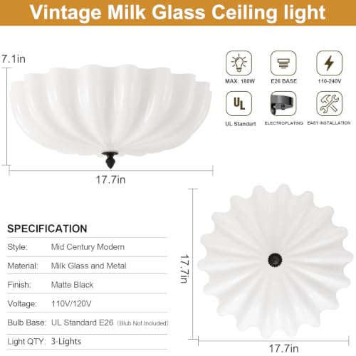 Large 17.7in Milk Glass Ceiling Light Flush Mount Flower 3 (Black & Milk / 17.7in)