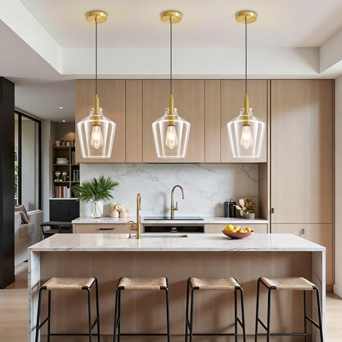 Glass Pendant Lighting for Kitchen Island Entryway 3 Pack Gold Clear 8 Inch (3 Count)