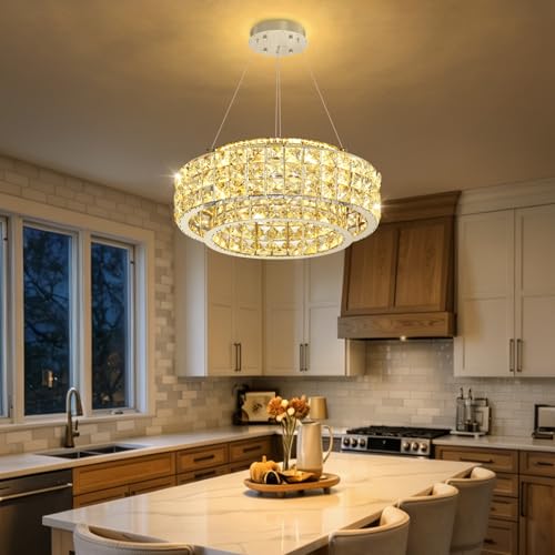 LED Chandeliers for Dining Room LED Dimmable Pendant Lights for Kitchen Island Crystal Adjustable Chandelier for Bedroom Hallway Entrance 16" Silver Light