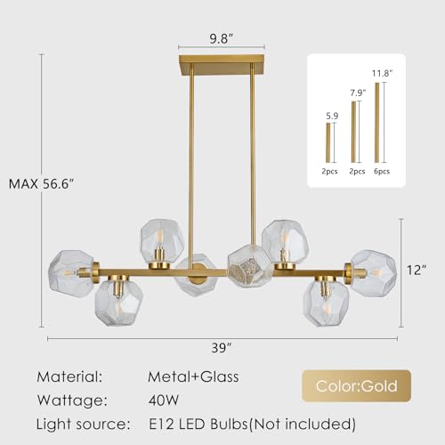 Modern Linear Chandeliers 8 Light Clear Glass Dining Room Light Fixture 39" Gold Mid Century Chandelier Pendant Light for Living Room Kitchen Island