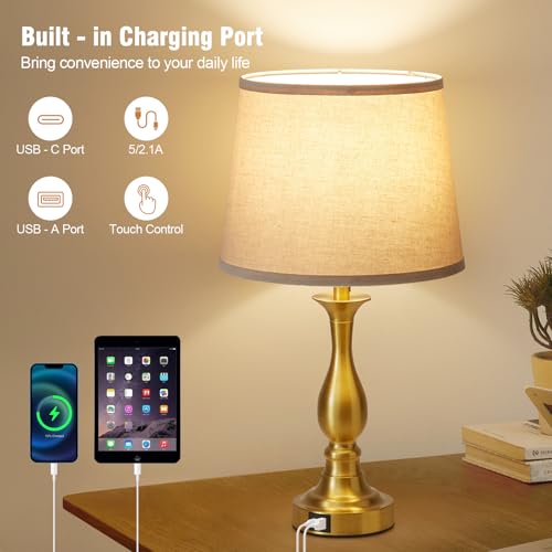 Bedside Table Lamp Touch Control Bedroom Lamps with USB A and C Charging Port 3 Way Dimmable Touch Lamps for Nightstand Living Room Bedroom Dorm Home Office Reading (2 Count)