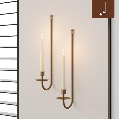 Metal Wall Candle Sconce Holder Set of 2 Wall Mount Candle Holder Pillar Holder Brass Modern Wall Candle Sconces Hanging for Living Room Farmhouse Fireplace Wedding (2 Count)