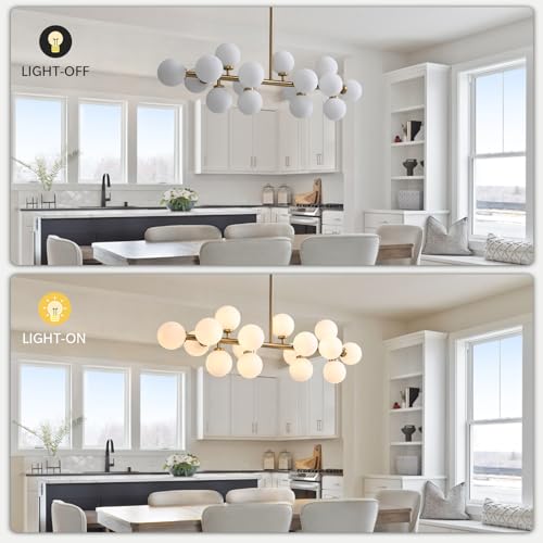 Gold Dining Room Chandelier Over Table Mid Century Modern Chandelier White Glass Globe Lampshade Linear Pendant Lighting Fixture for Living Room Dining Table 16 Lights