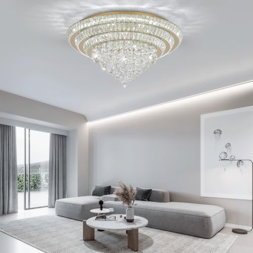 30" Gold Crystal Flush Mount Chandelier Modern LED Ceiling Light Fixture