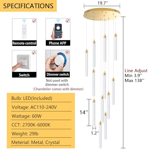 12 Lights Chandelier LED Dimmable Chandeliers for Entryway Flush Mount Ceiling Pendant Light Fixture Crystal Chandeliers for Living Room Gold Finished Lighting Modern High Ceiling Chandelier