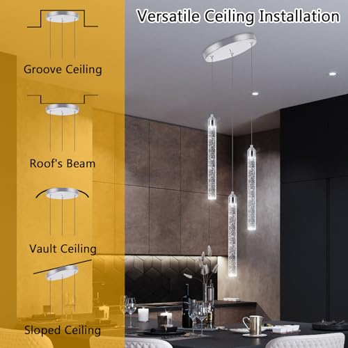 Mini Chandelier Crystal Pendant Lights Integrated LED Pendant Light Fixtures Kitchen Island Chandeliers Pendant Lighting for Dining Room Bubble Chromed Finished Ceiling Hanging Lights 2700K 6000K (3 Count)