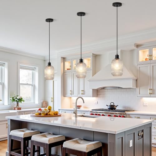 2 Pack Pendant Lights with Vintage Clear Ribbed Glass Lampshade (2 Count)