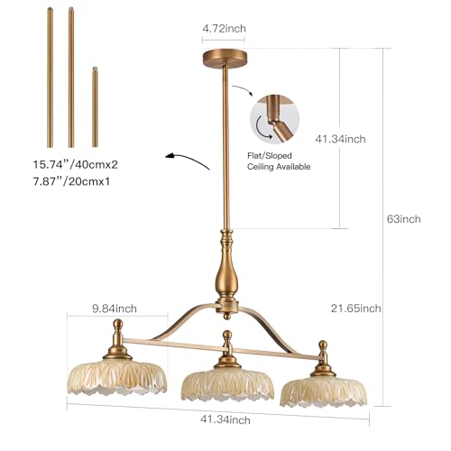 Chandeliers Pendant Light Fixture Vintage Pendant Lighting Fixtures 3 Lights Chandelier Kitchen Glass Hanging Lamp for Island Dining Living Room Brass and Brown