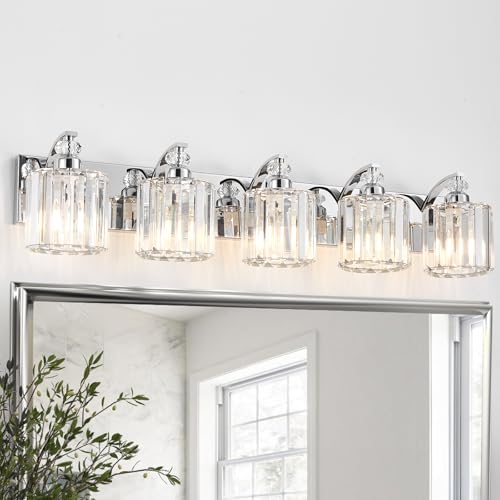 5 Light Modern Bathroom Light Fixture Chrome Vanity Lights Over Mirror Wall Sconce Lighting with K9 Crystal Shades Bathroom Wall Lamp E26 Base for Bedroom