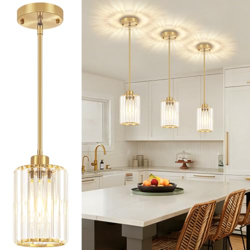 Brushed Brass Crystal Pendant Lights for Kitchen Island 1 Pack